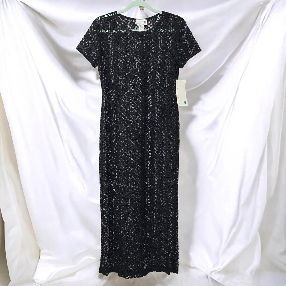 Scarlett Crochet Maxi Dress Black Sheath Sheer Party‎ Beach Cover Woman 9-10 NWT